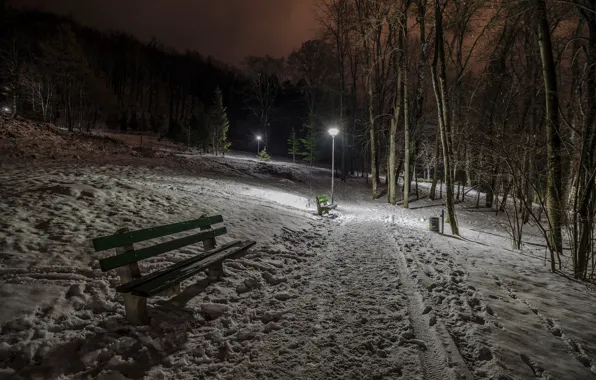 Картинка зима, ночь, парк, скамья