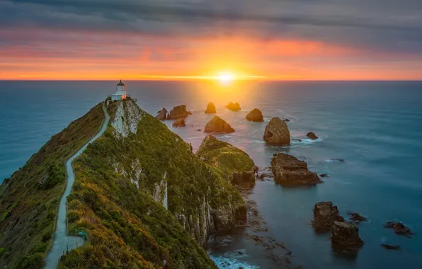 Картинка восход, океан, скалы, рассвет, побережье, маяк, утро, Новая Зеландия