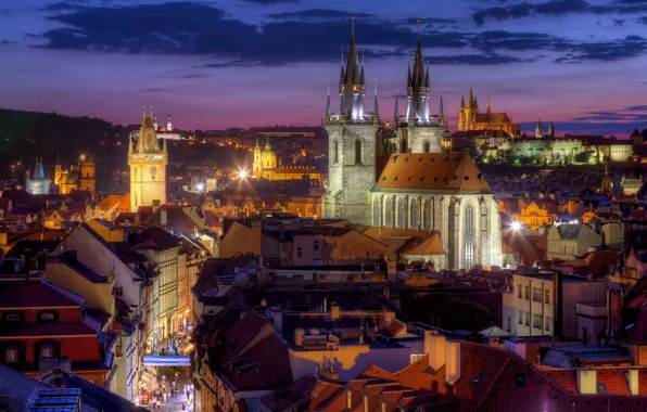 Здания, крыши, Прага, Чехия, панорама, ночной город, Prague, Тынский храм