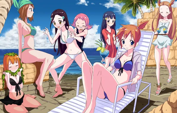 Sexy, cleavage, beach, pink hair, long hair, dress, sea, girls