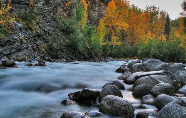 Картинка осень, деревья, река, камни, склон