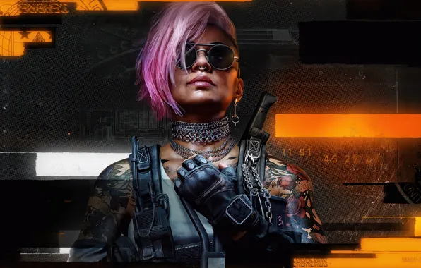 Картинка girl, Call of Duty, fighter, pink hair, tatoo, look, chains, sun glasses