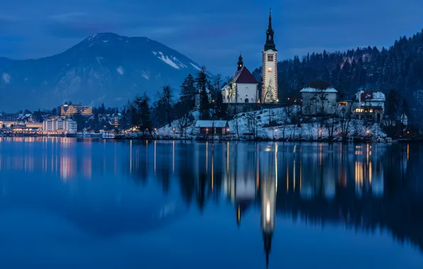 Горы, ночь, озеро, отражение, остров, Словения, Lake Bled, Slovenia