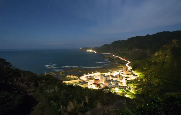 Море, горы, ночь, город, огни