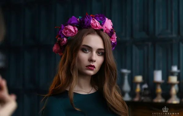 Взгляд, модель, портрет, макияж, прическа, шатенка, красотка, венок