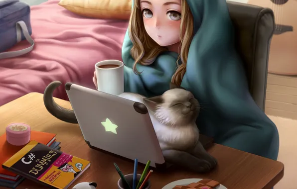 Кот, девушка, комната, аниме, арт, одеяло, ноутбук, kotikomori
