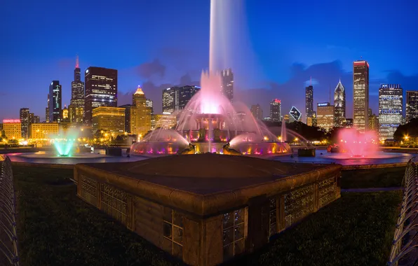 Картинка ночь, город, огни, небоскребы, Чикаго, фонтан, США, Chicago