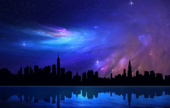 Небо, звезды, ночь, абстракция, отражение, небоскребы, Чикаго, красиво