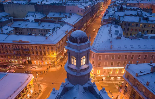 Картинка зима, город, здания, дома, вечер, Питер, освещение, Санкт-Петербург