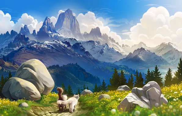Mountains, cats, meadow