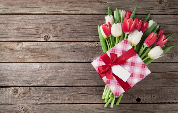 Картинка цветы, подарок, букет, тюльпаны, red, love, white, wood