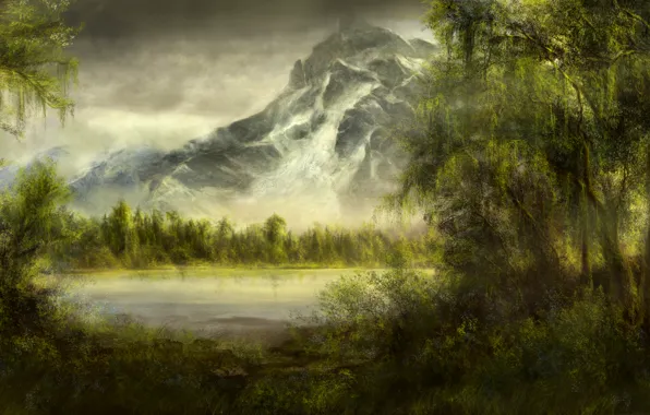 Картинка лес, деревья, озеро, пруд, гора, арт, ивы