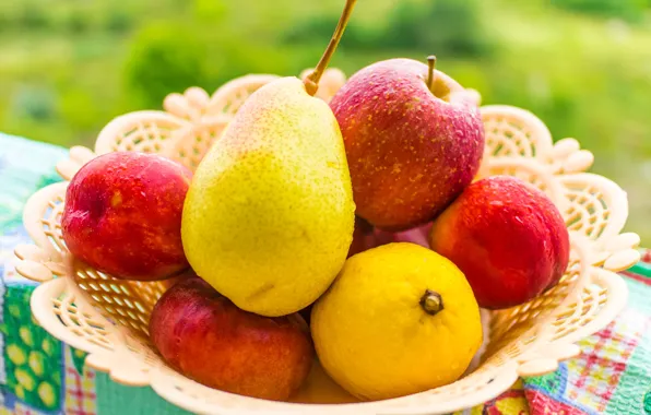Лимон, яблоко, груша, фрукты, персик