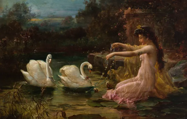 Картинка девушка, масло, лебеди, Hans Zatzka, «At the Swan Lake»