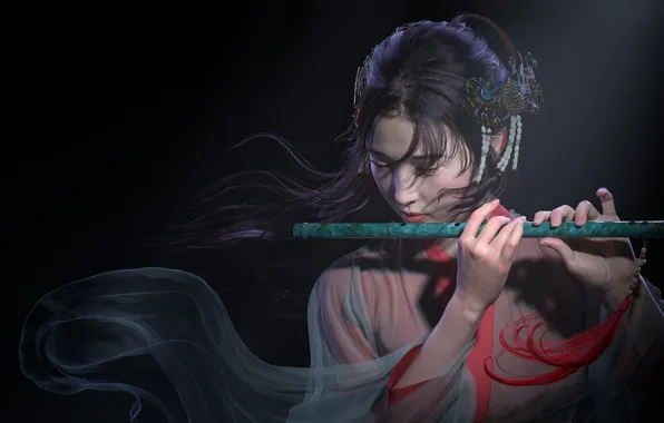 Девушка, арт, флейта, музыкант, Qi Sheng Luo