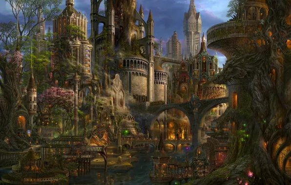 Картинка вода, деревья, мост, город, огни, дракон, вечер, арт