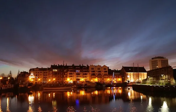 City, dark, sky, morning, houses, building, gdańsk