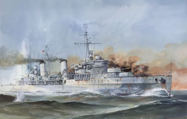 Картинка дым, рисунок, взрывы, бой, ВМФ, морской, выстрелы, крейсер