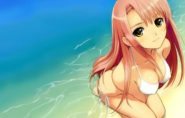 Girl, sexy, cleavage, beach, erect nipples, red hair, long hair, boobs