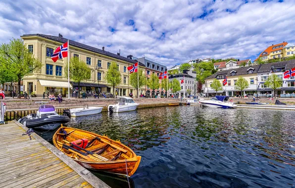 Картинка дома, флаг, Норвегия, причалы, Arendal