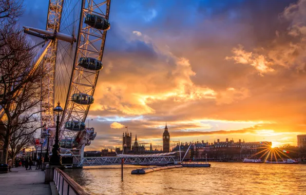 Картинка солнце, облака, закат, city, город, река, Англия, Лондон