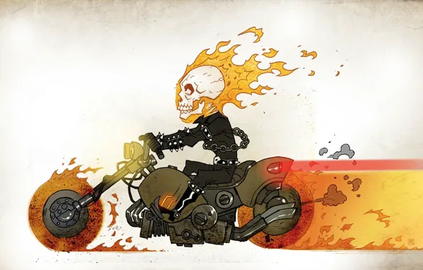 Картинка огонь, рисунок, череп, цепь, мотоцикл, комбинезон, гонщик, комикс