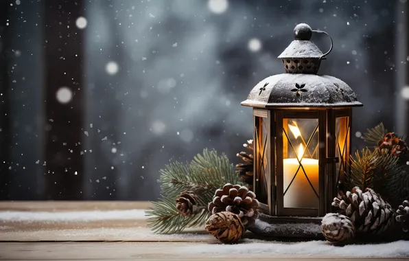 Картинка зима, снег, ночь, Рождество, фонарь, Новый год, Christmas, night