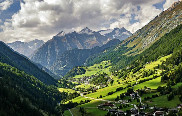 Sky, mountains, clouds, beautiful landscape, town, alpine, rural area