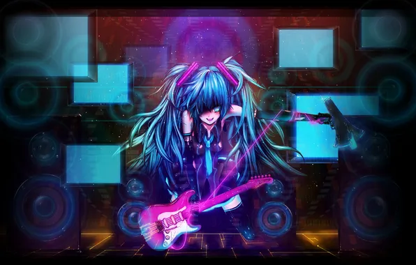Картинка девушка, гитара, аниме, арт, vocaloid, hatsune miku, нить, громкоговоритель