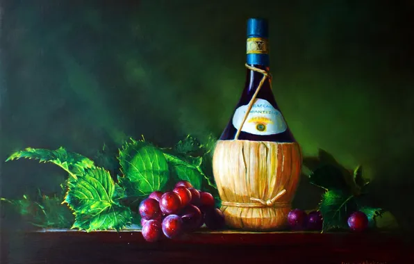 Картинка листья, бутылка, виноград