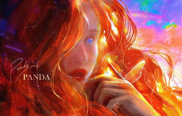 Девушка, бабочка, рыжая, by Panda