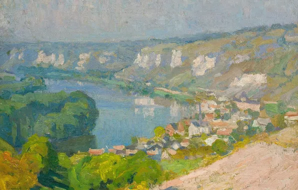 Картинка картина, Деревня Лез-Андели, река, пейзаж, Emanuel Phillips Fox