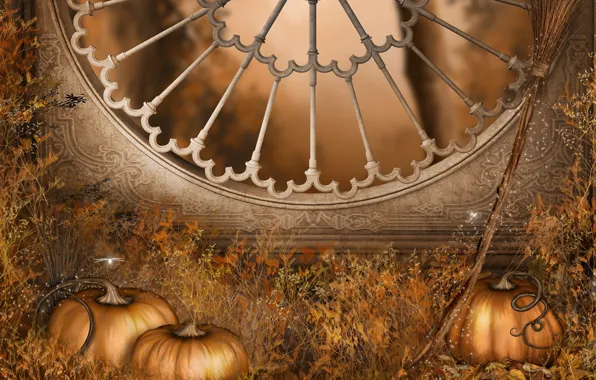 Картинка осень, праздник, окно, тыквы, Halloween, Хэллоуин, метла, autumn