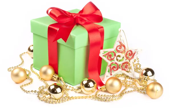 Коробка, подарок, шары, лента, звёздочка, ёлочные украшения