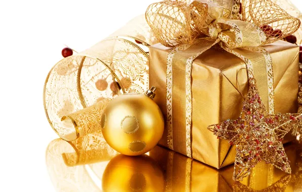 Картинка праздник, подарок, игрушки, новый год, лента, декорации, happy new year, christmas decoration