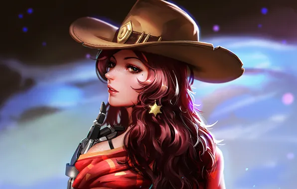 Девушка, шляпа, киборг, Hat, Overwatch, McCree, Genderbend