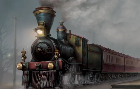 Картинка дым, рельсы, поезд, арт