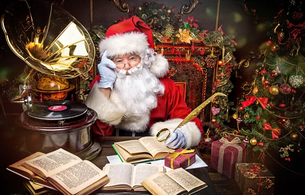 Украшения, игрушки, книги, подарки, ёлка, Санта Клаус, граммофон