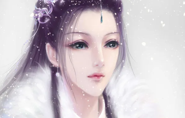 Картинка девушка, снег, украшения, лицо, арт, мех