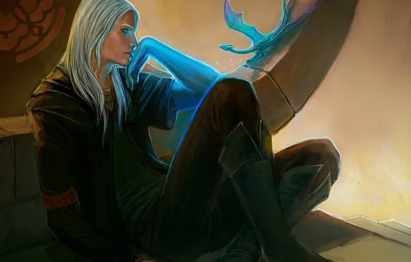 Картинка голубой, магия, дракон, арт, парень, белые волосы, сидя