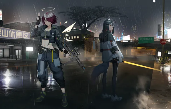Город, девушки, дождь, Texas, Arknights, Exusiai