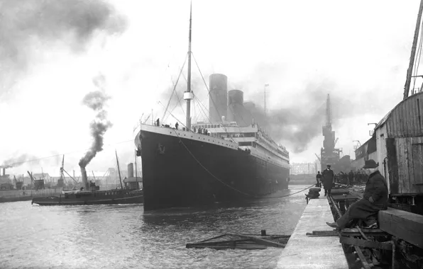 Картинка ретро, обои, корабль, пристань, порт, пароход, Титаник, лайнер