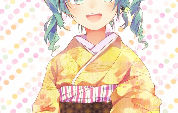 Картинка цветок, девушка, Аниме, hatsune miku, вокалоид, открытый рот, японская одежда, зелёные глаза