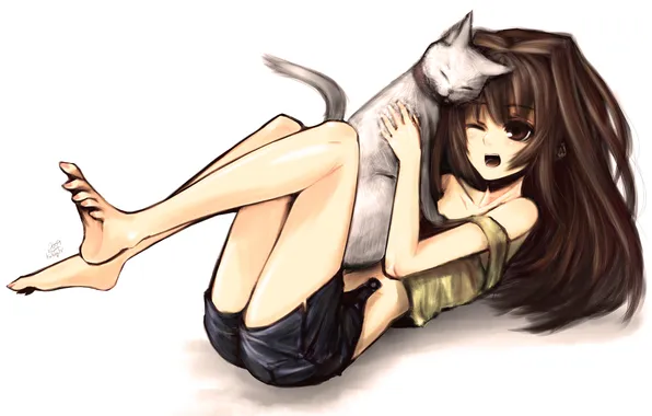 Картинка кот, девушка, шорты, аниме, арт, лежит, kotoba noriaki
