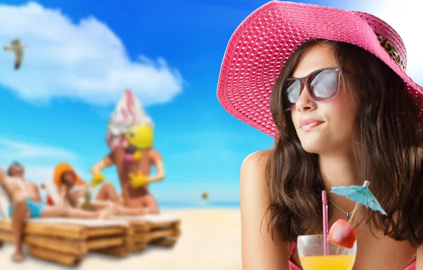 Картинка girl, summer, beach, party, hat, pink, beautiful, cocktail