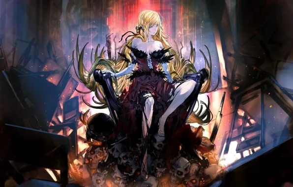Картинка girl, skulls, anime, vampire, blonde, artwork, fantasy art, throne