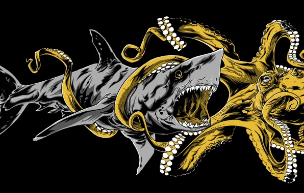 Картинка акула, осьминог, пасть, битва
