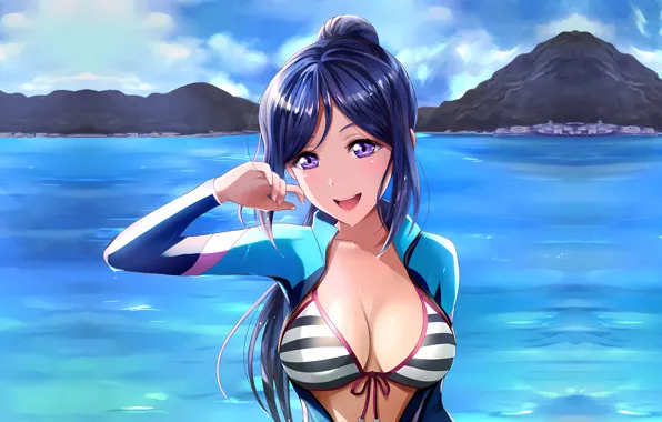 Girl, sexy, wet, cleavage, sky, long hair, sea, boobs