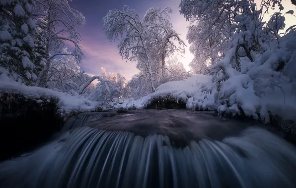 Картинка зима, снег, деревья, пейзаж, закат, природа, река, водопад