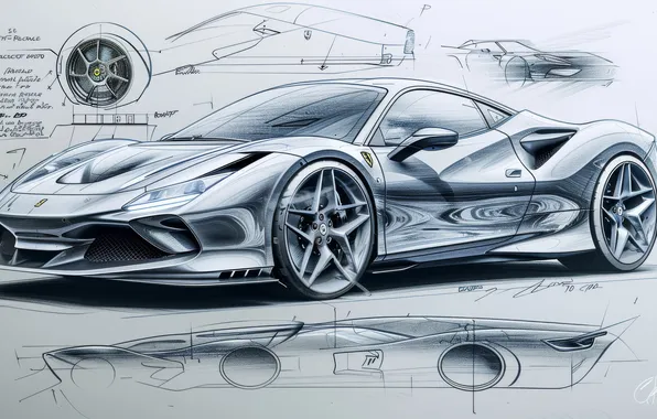 Дизайн, black & white, Феррари, чертеж, эскиз, черно-белое, Ferrari, автомобили